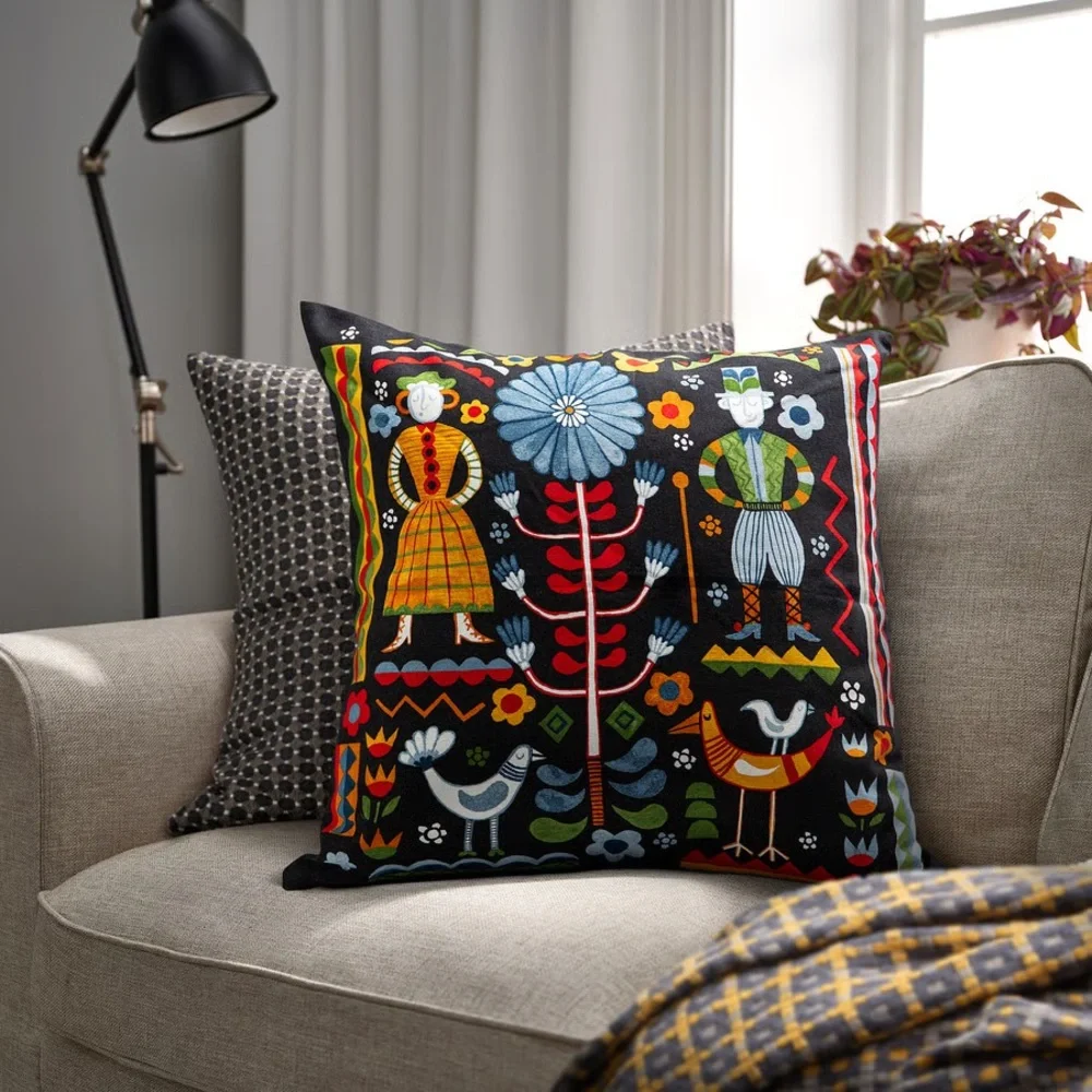 2 Folk Art Print Square Pillowcases - Black with Bright Multicolor Motifs